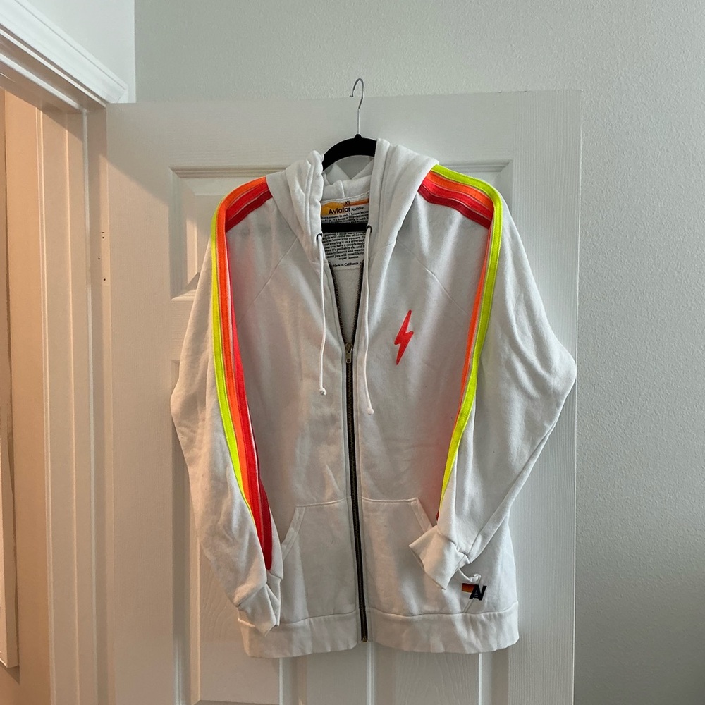 aviator Nation white hoodie with neon stripes